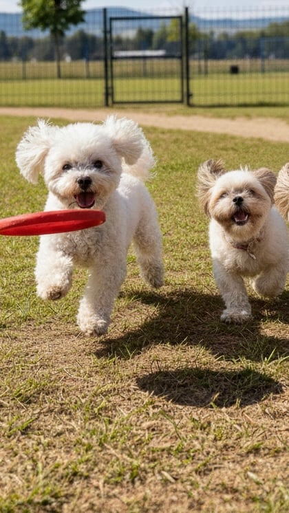 ドッグランで楽しく遊ぶ犬たちの様子