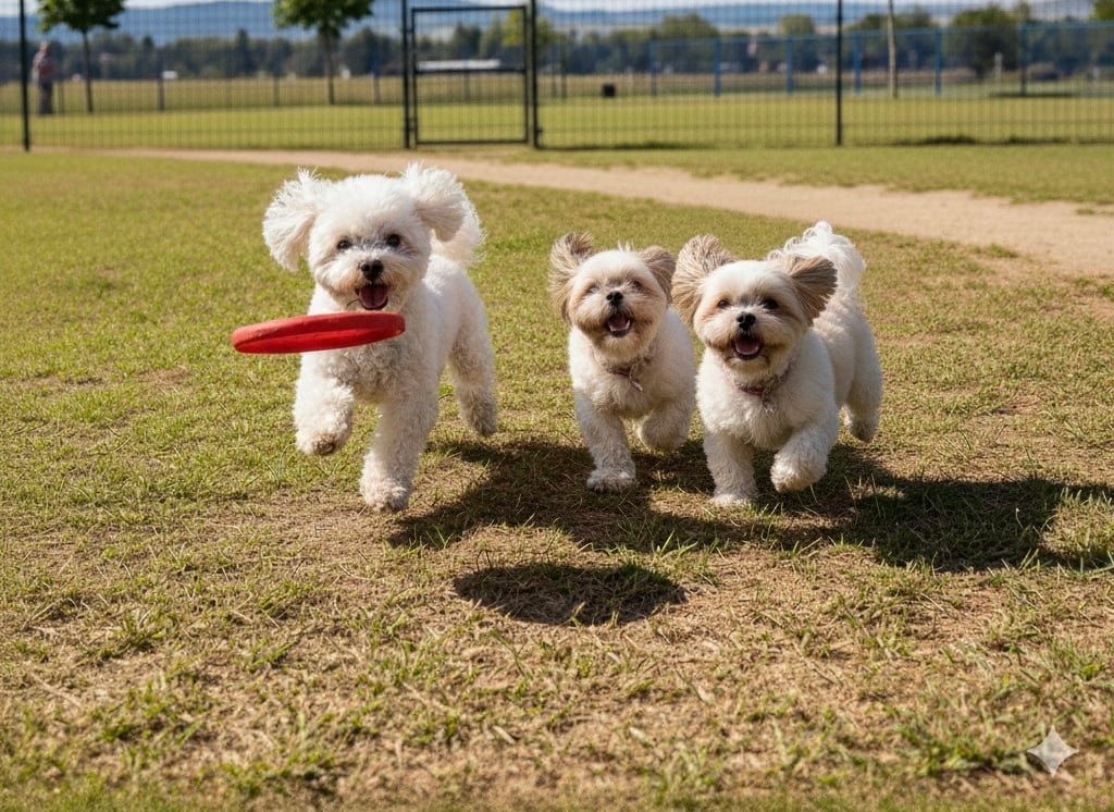 ドッグランで楽しく遊ぶ犬たちの様子